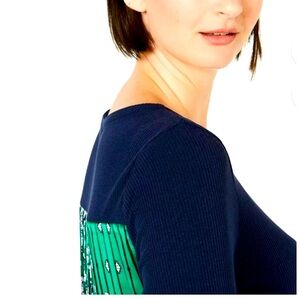 Charter Club Women's‎ Blue Green Contrast Pleated-Back Ribbed Top Boho Sz L